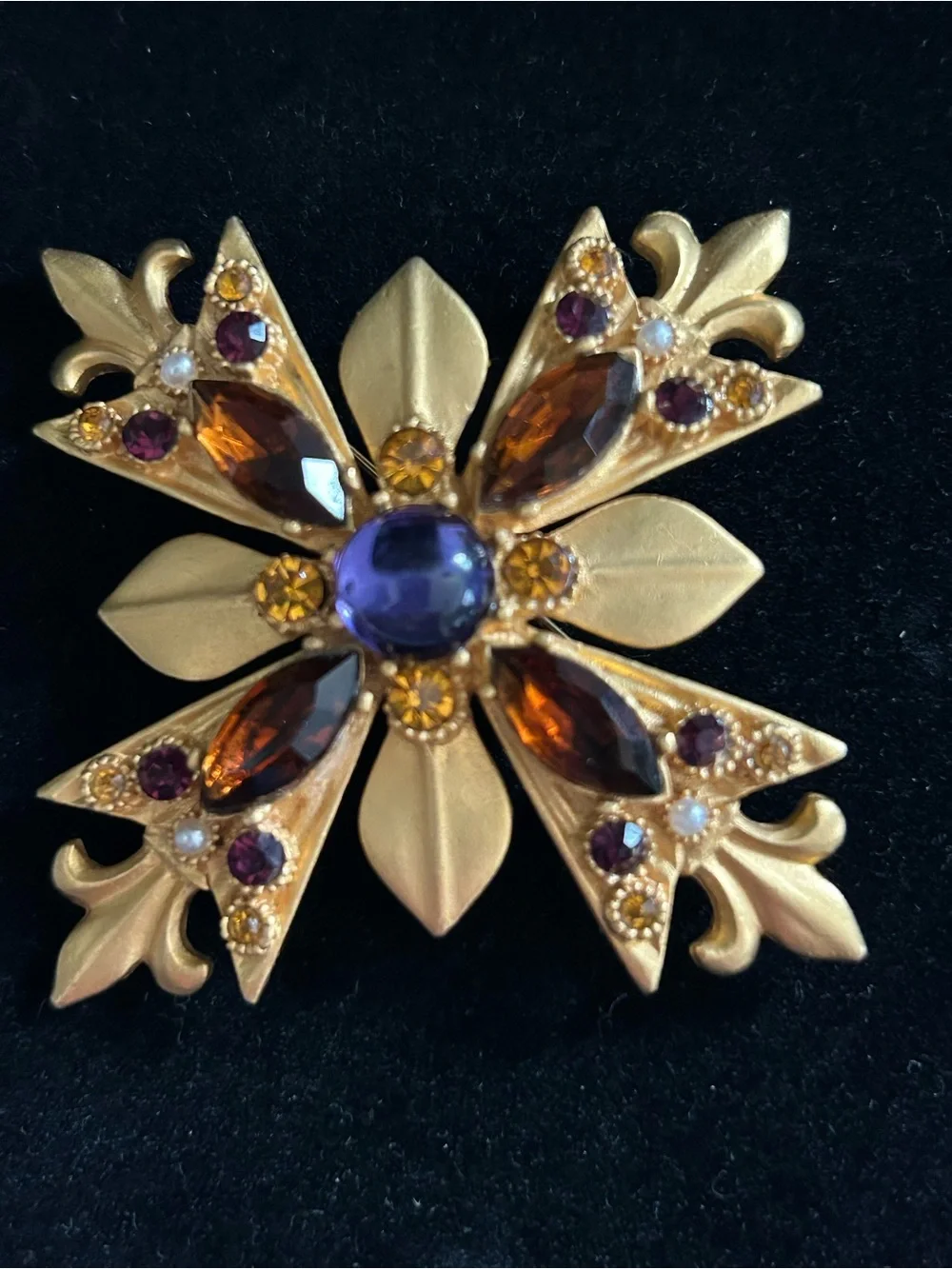 Maltese Cross with Fleur de Lis Brooch Rhinestone Purple Brown Gold Signed